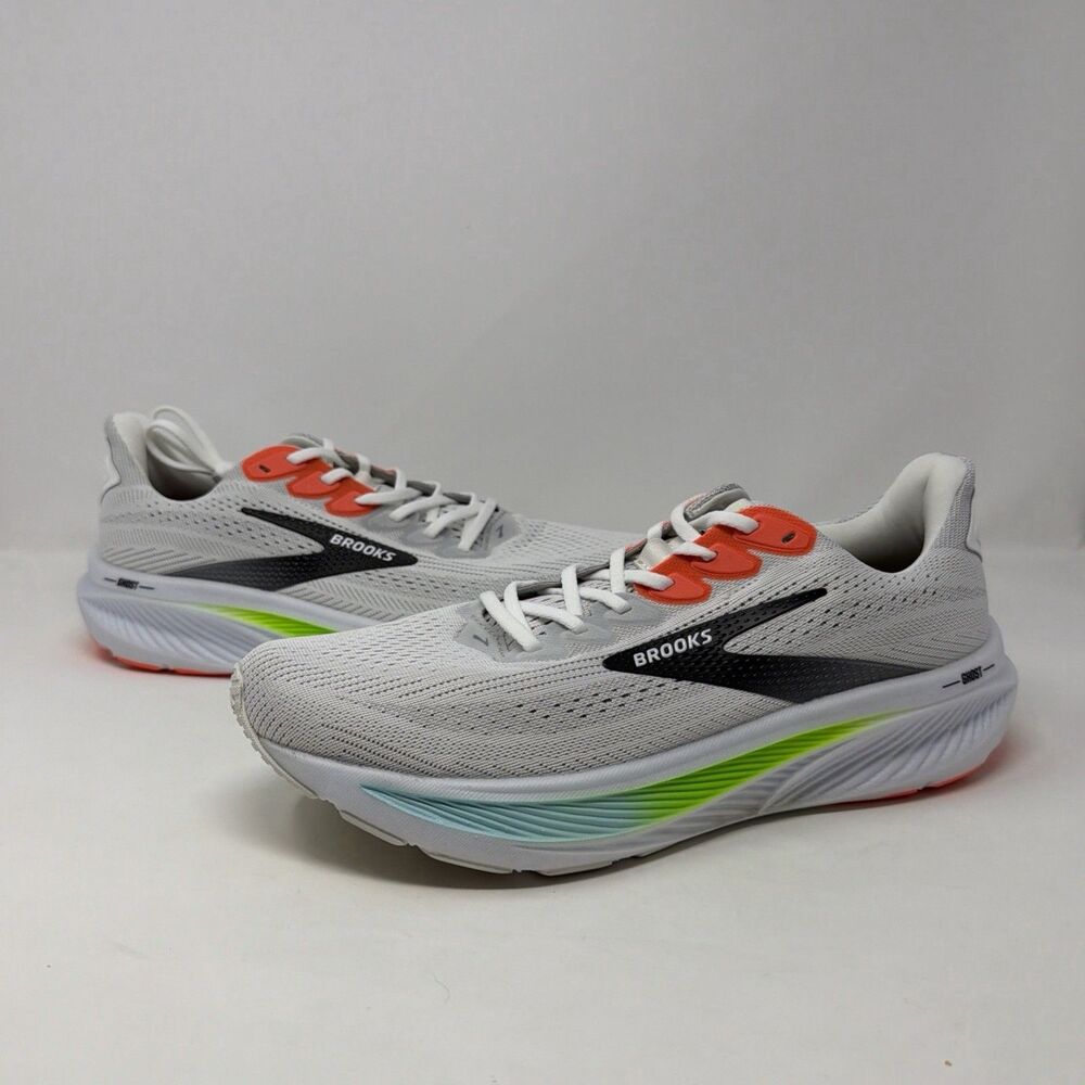 Brooks Ghost 17 Running Shoes Men’s 10.5 D White Black Neon Sneaker AUTH